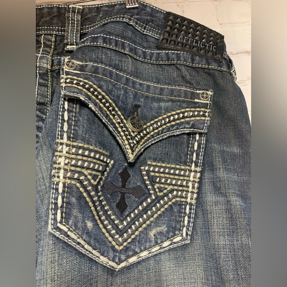 Affliction Buckle Grant Dark Blue Relaxed Distressed Jeans Size 40 x 31 - Picture 3 of 8